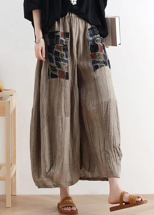 2021 summer original design linen nude patch retro wide-leg pants
