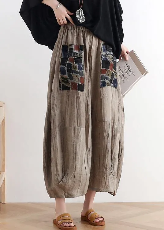 2021 summer original design linen nude patch retro wide-leg pants