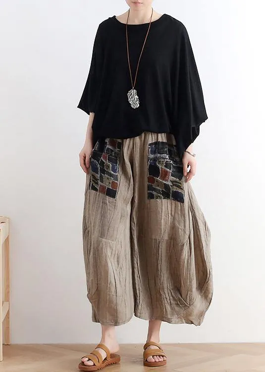 2021 summer original design linen nude patch retro wide-leg pants