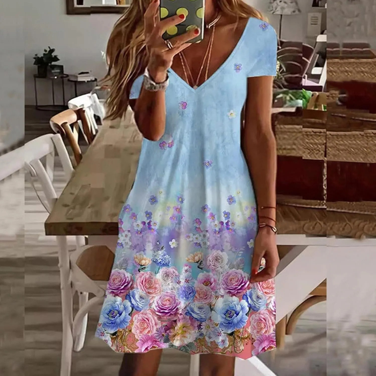 2025 Women's Casual Boho Floral Print Dress Loose V Neck Short Wave Bell Sleeve Flowy Mini Beach Summer Dresses