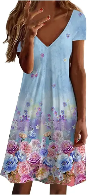 2025 Women's Casual Boho Floral Print Dress Loose V Neck Short Wave Bell Sleeve Flowy Mini Beach Summer Dresses