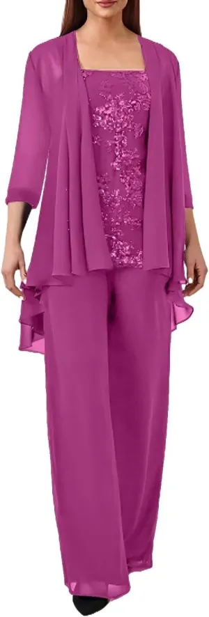 3 Pieces Mother of The Bride Pant Suits for Wedding Chiffon Formal Pantsuits for Women Evening Party with Jacket