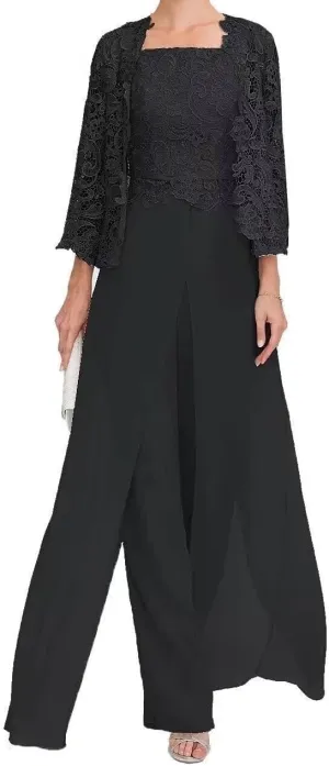 3 Pieces Mother of The Bride Pant Suits for Wedding Lace Chiffon Wedding Guest Outfit for Women