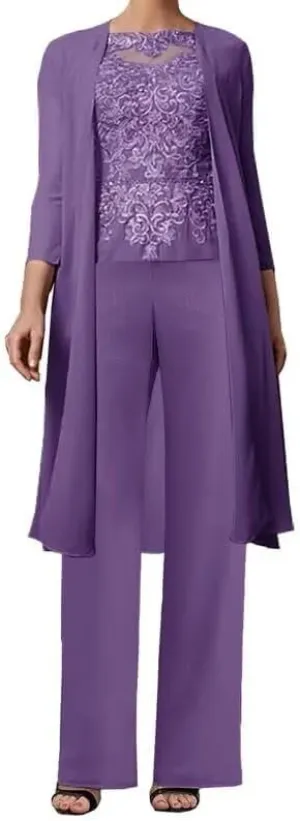 3 Pieces Mother of The Bride Pant Suits for Wedding with Jacket Lace Appliques Formal Pantsuits for Women