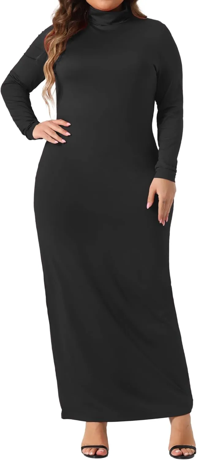 Agnes Orinda Plus Size Women's Basic Maxi Dresses Turtleneck Long Sleeve Bodycon Party Long Pencil Dress