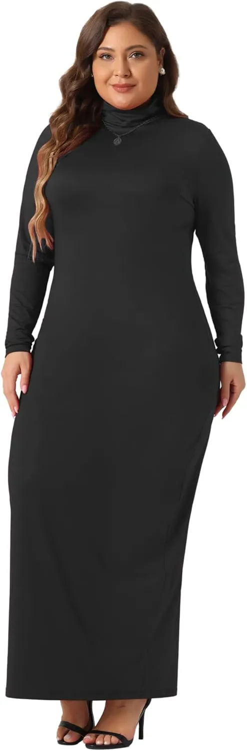 Agnes Orinda Plus Size Women's Basic Maxi Dresses Turtleneck Long Sleeve Bodycon Party Long Pencil Dress
