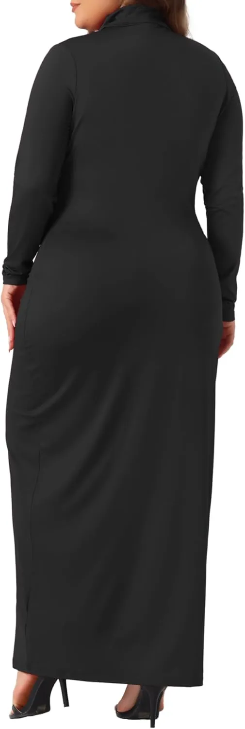 Agnes Orinda Plus Size Women's Basic Maxi Dresses Turtleneck Long Sleeve Bodycon Party Long Pencil Dress