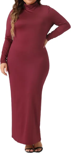 Agnes Orinda Plus Size Women's Basic Maxi Dresses Turtleneck Long Sleeve Bodycon Party Long Pencil Dress