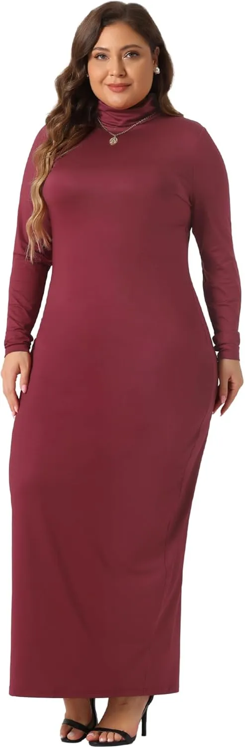 Agnes Orinda Plus Size Women's Basic Maxi Dresses Turtleneck Long Sleeve Bodycon Party Long Pencil Dress