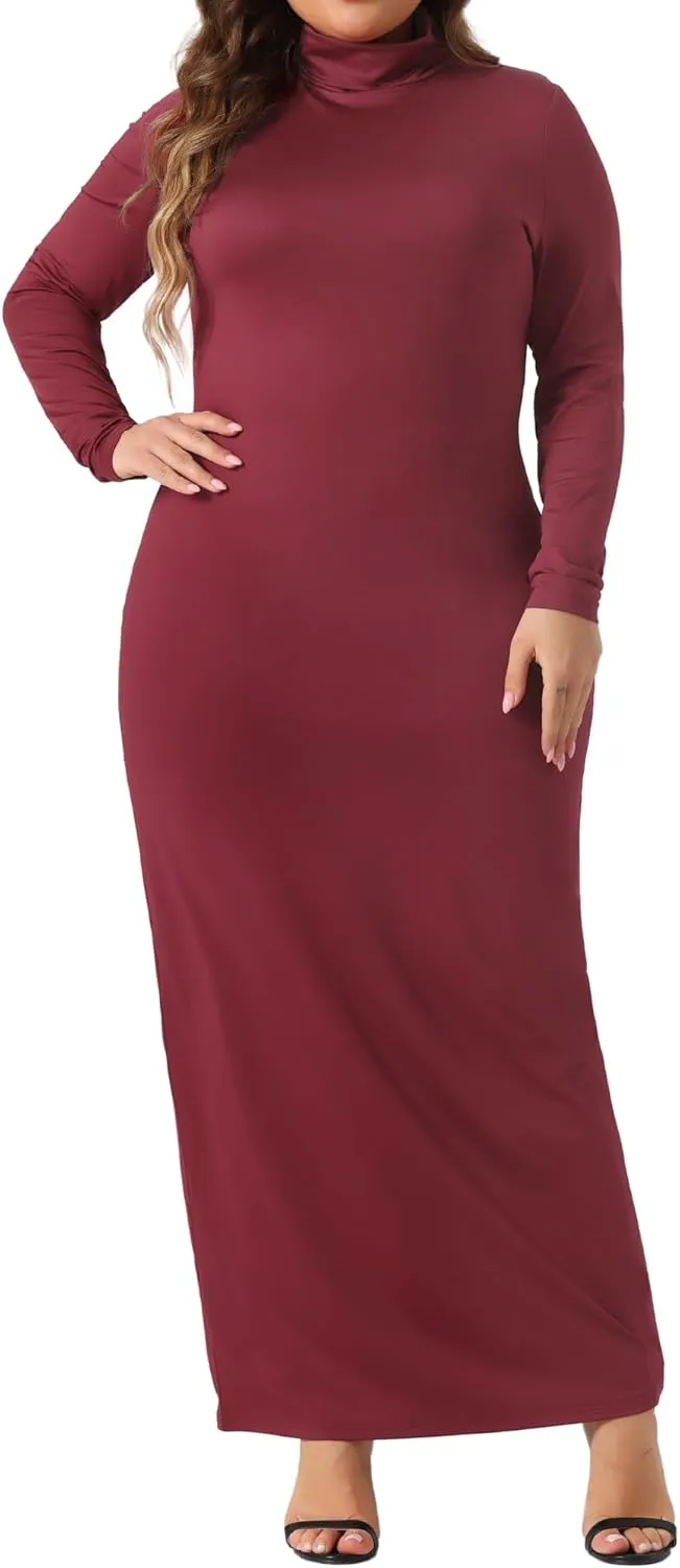 Agnes Orinda Plus Size Women's Basic Maxi Dresses Turtleneck Long Sleeve Bodycon Party Long Pencil Dress