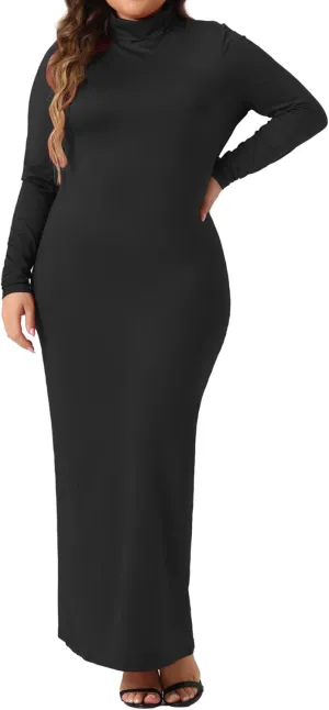 Agnes Orinda Plus Size Women's Basic Maxi Dresses Turtleneck Long Sleeve Bodycon Party Long Pencil Dress