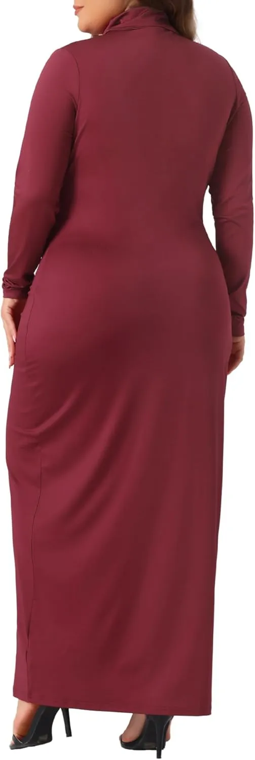 Agnes Orinda Plus Size Women's Basic Maxi Dresses Turtleneck Long Sleeve Bodycon Party Long Pencil Dress