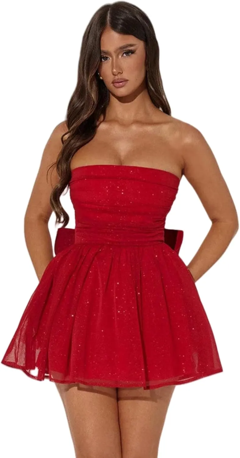 AIBEARTY Women's Sexy Glitter Off Shoulder Mini Dress Shiny Strapless Pleated A Line Dress for Party Club