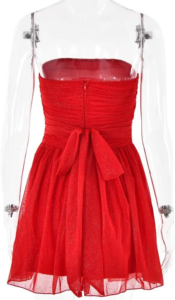 AIBEARTY Women's Sexy Glitter Off Shoulder Mini Dress Shiny Strapless Pleated A Line Dress for Party Club