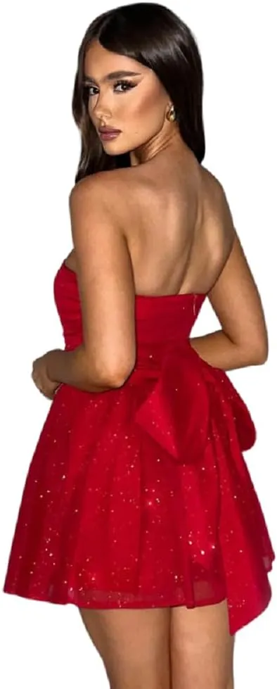 AIBEARTY Women's Sexy Glitter Off Shoulder Mini Dress Shiny Strapless Pleated A Line Dress for Party Club