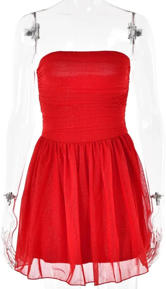 AIBEARTY Women's Sexy Glitter Off Shoulder Mini Dress Shiny Strapless Pleated A Line Dress for Party Club