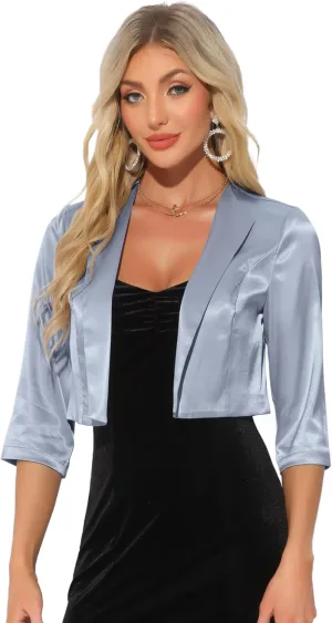 Allegra K Satin Cardigan for Women's Open Front Elegant Formal 3/4 Sleeve Bolero Shrug Jacket