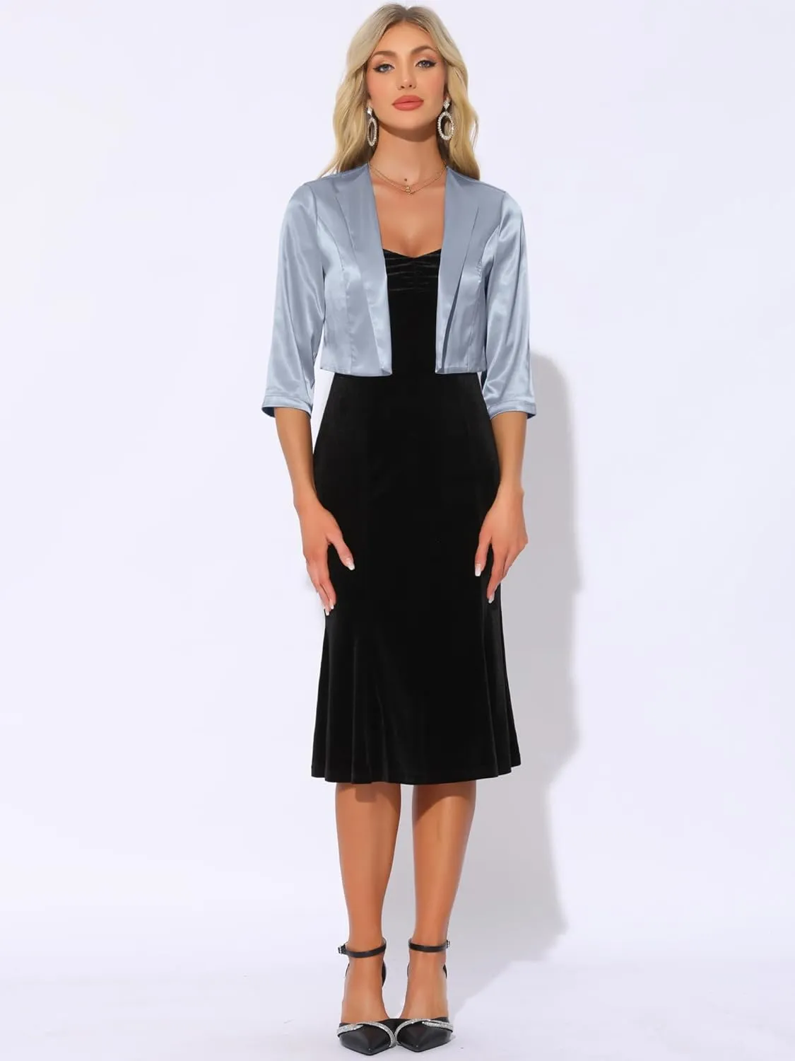 Allegra K Satin Cardigan for Women's Open Front Elegant Formal 3/4 Sleeve Bolero Shrug Jacket