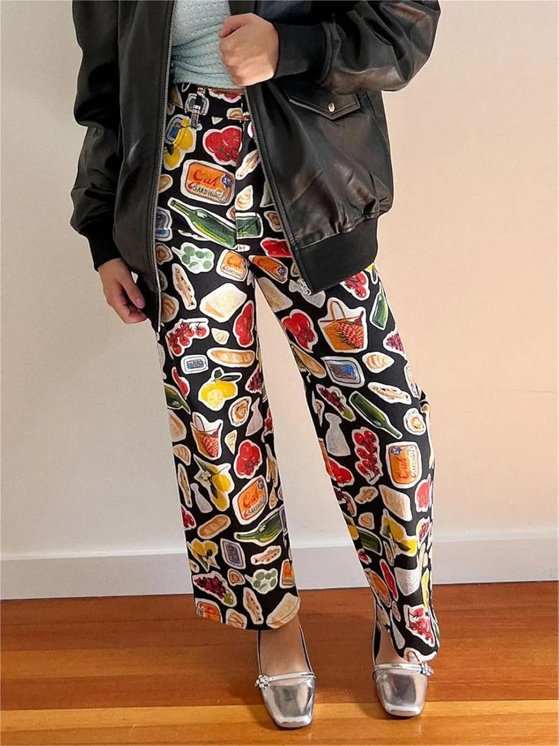 Alyweatry Women BUON Appetito Print Jeans High Waist Straight Leg Summer Fruit Tapas Print Denim Pants