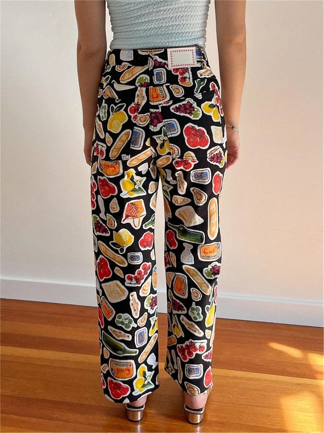 Alyweatry Women BUON Appetito Print Jeans High Waist Straight Leg Summer Fruit Tapas Print Denim Pants