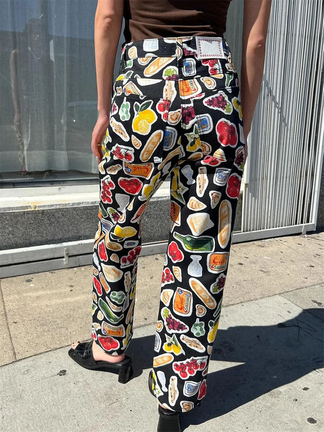 Alyweatry Women BUON Appetito Print Jeans High Waist Straight Leg Summer Fruit Tapas Print Denim Pants