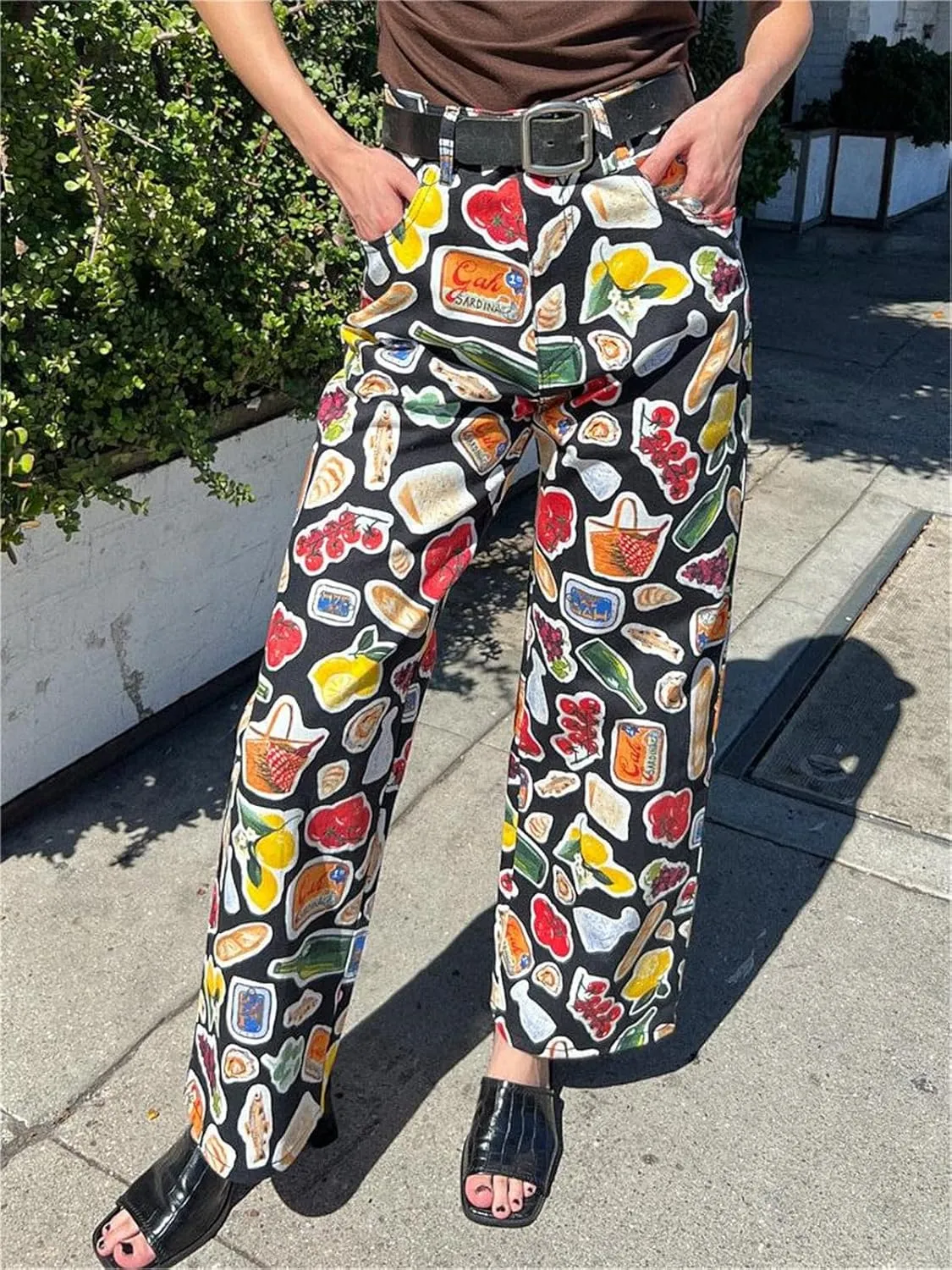 Alyweatry Women BUON Appetito Print Jeans High Waist Straight Leg Summer Fruit Tapas Print Denim Pants