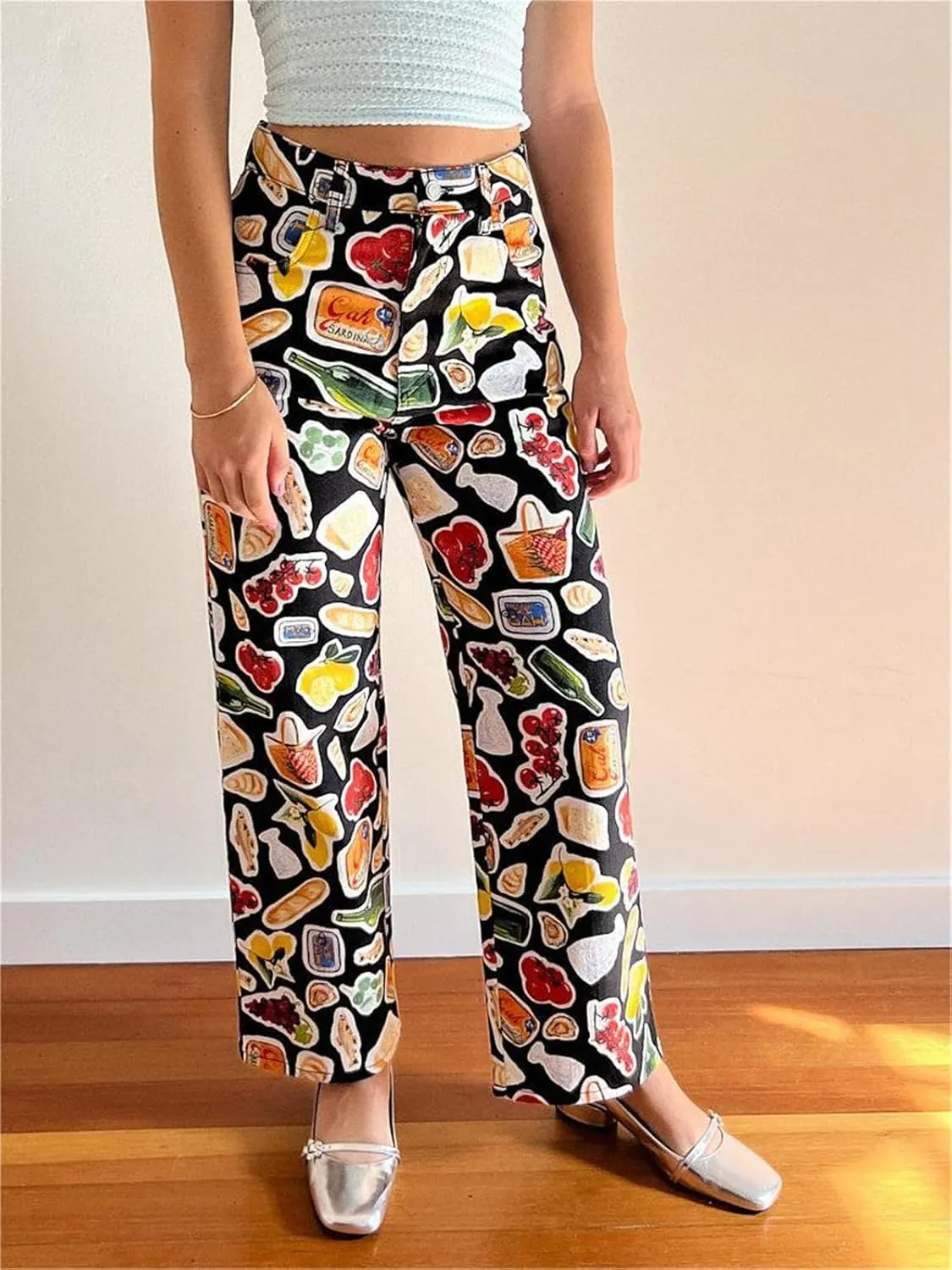 Alyweatry Women BUON Appetito Print Jeans High Waist Straight Leg Summer Fruit Tapas Print Denim Pants