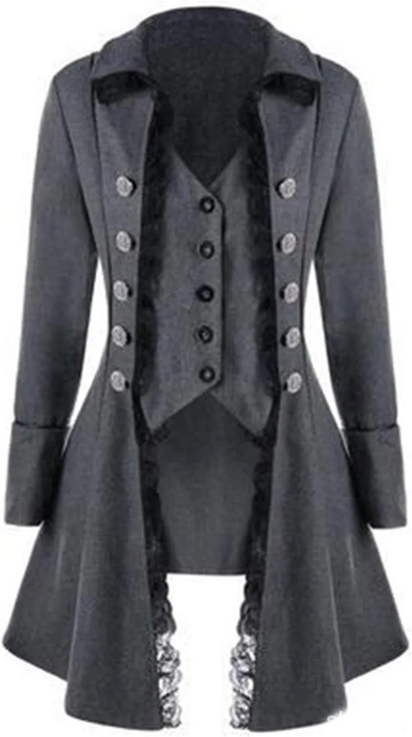 Andongnywell Women Gothic Tailcoat Steampunk Victorian Punk Lace Tuxedo Costume Double Breasted Coat Jacket Trench Suit