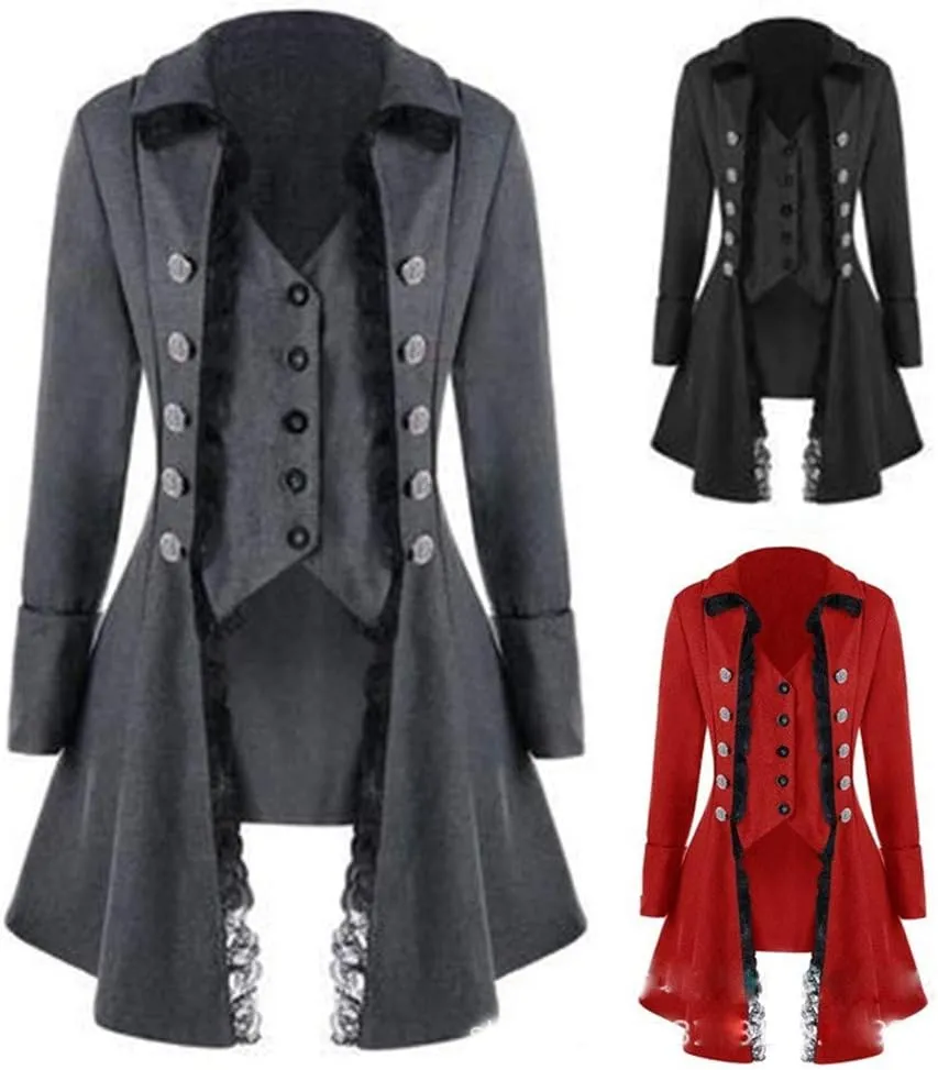 Andongnywell Women Gothic Tailcoat Steampunk Victorian Punk Lace Tuxedo Costume Double Breasted Coat Jacket Trench Suit