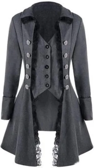 Andongnywell Women Gothic Tailcoat Steampunk Victorian Punk Lace Tuxedo Costume Double Breasted Coat Jacket Trench Suit