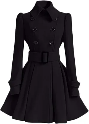 Andongnywell Women Swing Wool Trench Pea Coat Double Breasted Mid-Long Long Sleeve Lapel Wrap Winter Outwear Overcoat