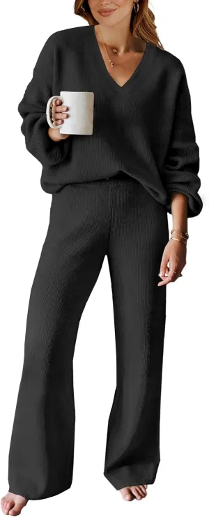 ANRABESS Women 2 Piece Outfits Sweater Lounge Sets Long Sleeve Cable Knit Pullover and Wide Leg Pants Tracksuit Matching Set