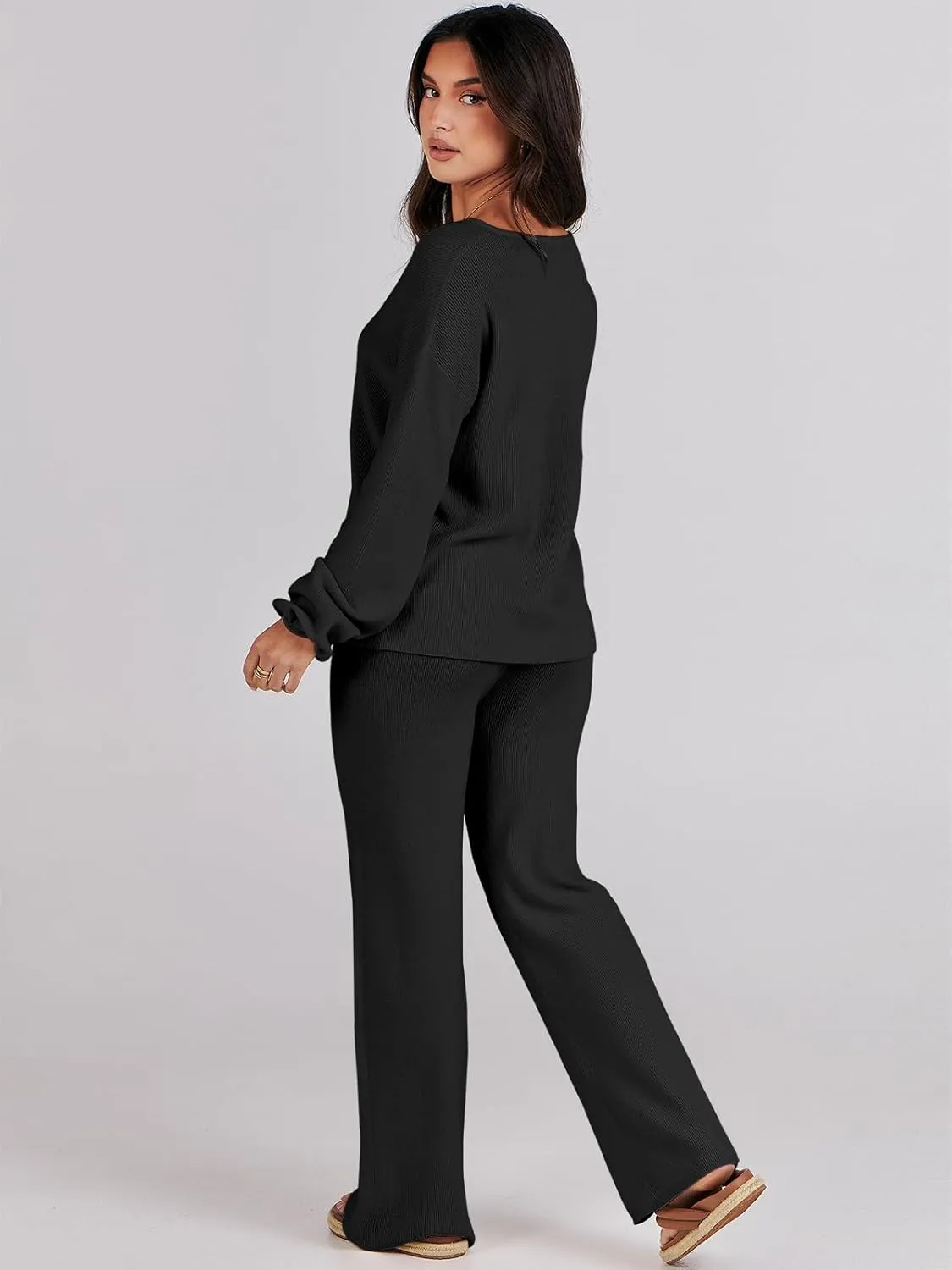 ANRABESS Women 2 Piece Outfits Sweater Lounge Sets Long Sleeve Cable Knit Pullover and Wide Leg Pants Tracksuit Matching Set