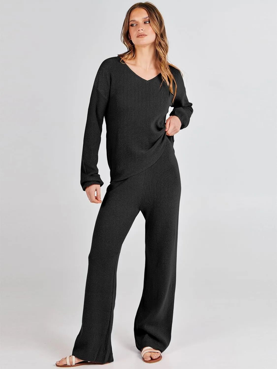ANRABESS Women 2 Piece Outfits Sweater Lounge Sets Long Sleeve Cable Knit Pullover and Wide Leg Pants Tracksuit Matching Set