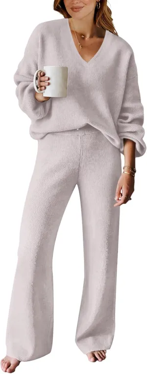 ANRABESS Women 2 Piece Outfits Sweater Lounge Sets Long Sleeve Cable Knit Pullover and Wide Leg Pants Tracksuit Matching Set