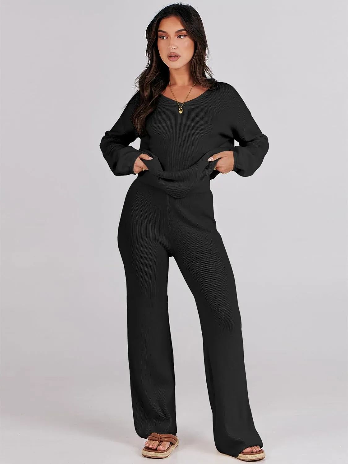 ANRABESS Women 2 Piece Outfits Sweater Lounge Sets Long Sleeve Cable Knit Pullover and Wide Leg Pants Tracksuit Matching Set