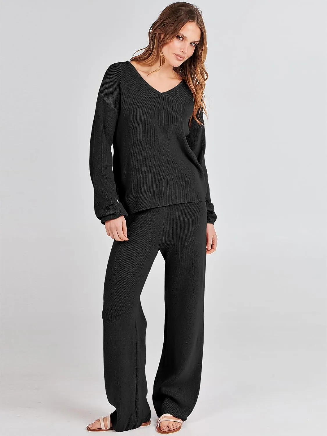 ANRABESS Women 2 Piece Outfits Sweater Lounge Sets Long Sleeve Cable Knit Pullover and Wide Leg Pants Tracksuit Matching Set