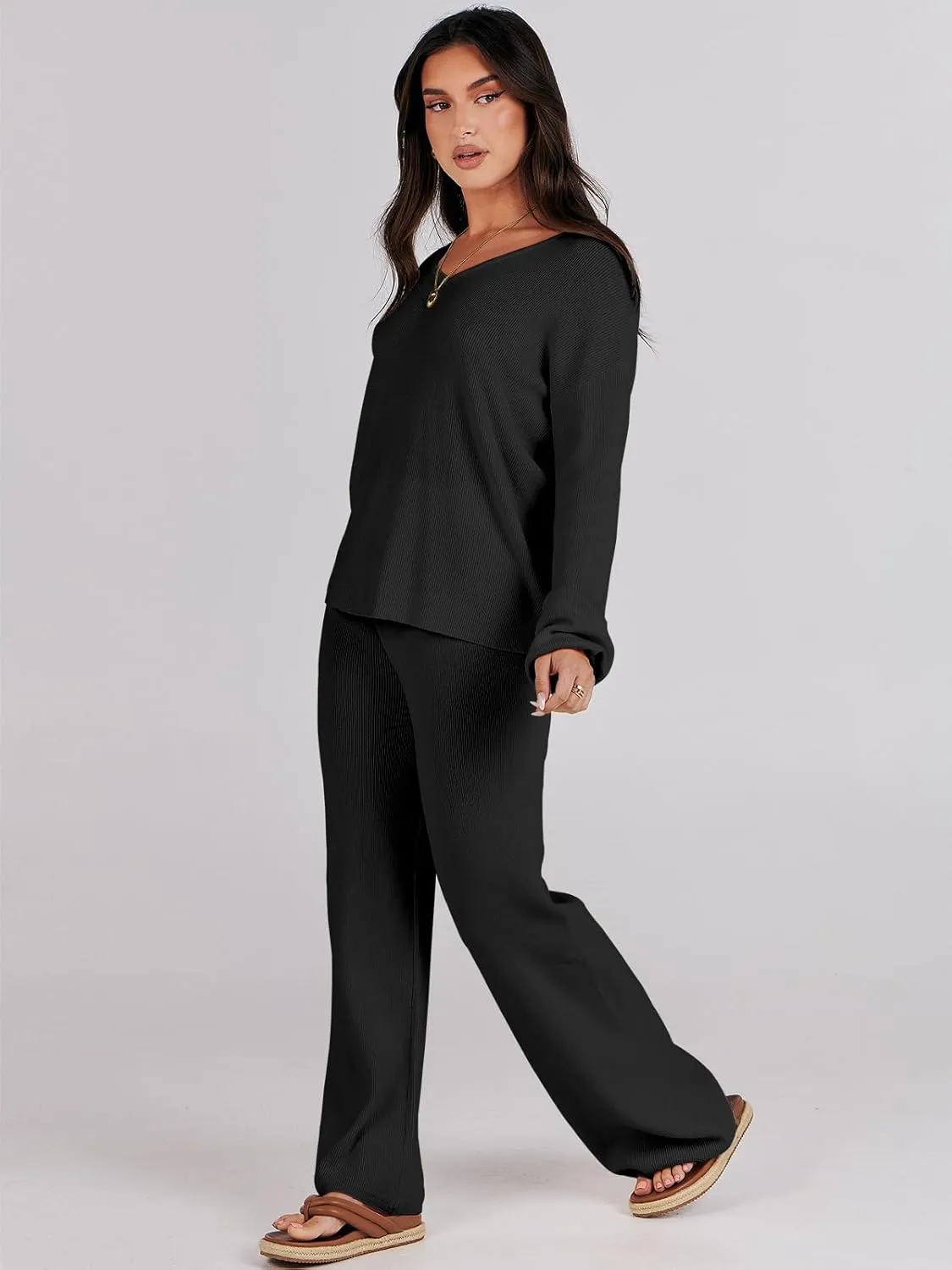 ANRABESS Women 2 Piece Outfits Sweater Lounge Sets Long Sleeve Cable Knit Pullover and Wide Leg Pants Tracksuit Matching Set