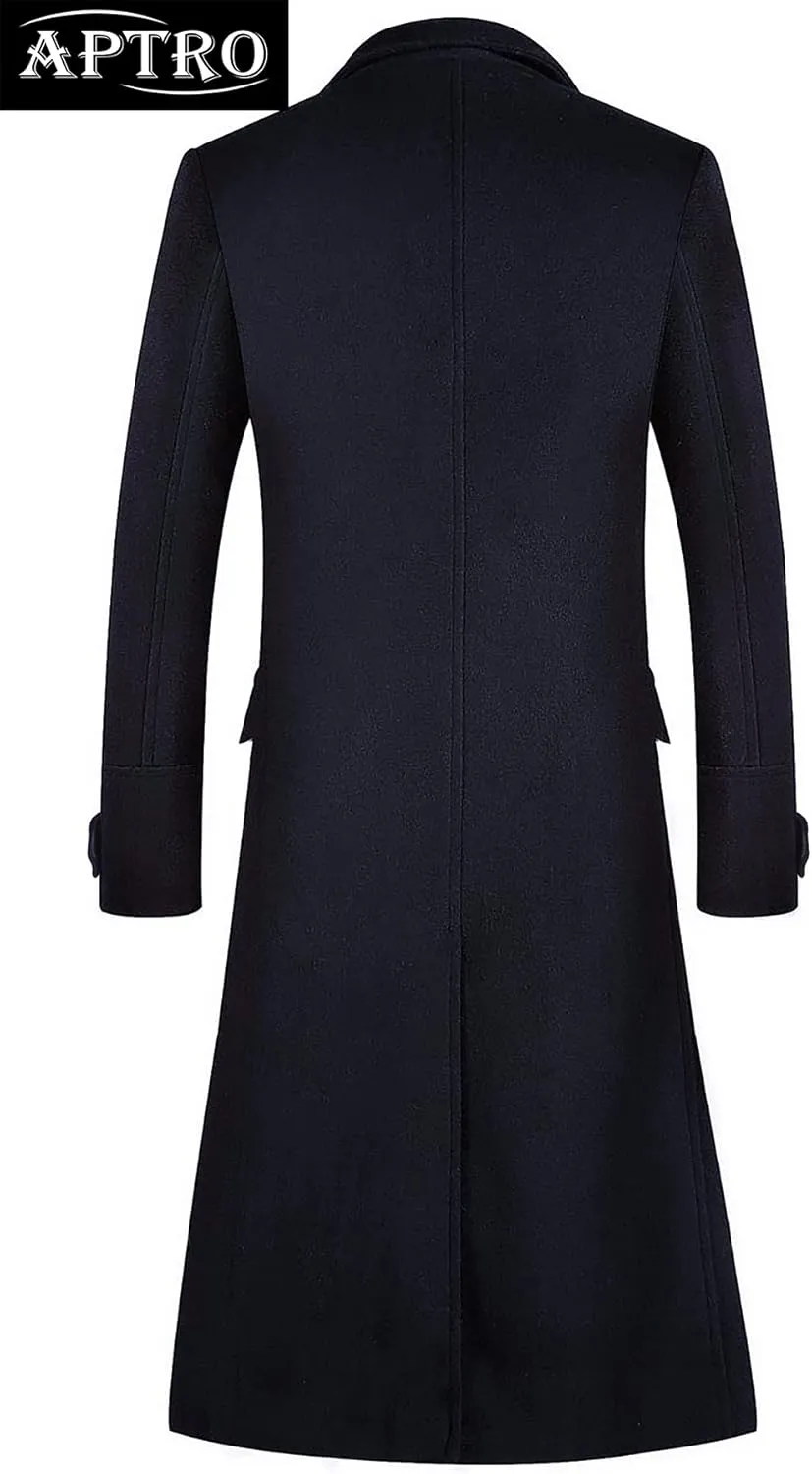 APTRO Men's Luxury Full Length Trench Coat Long Wool Overcoat Winter Windbreaker