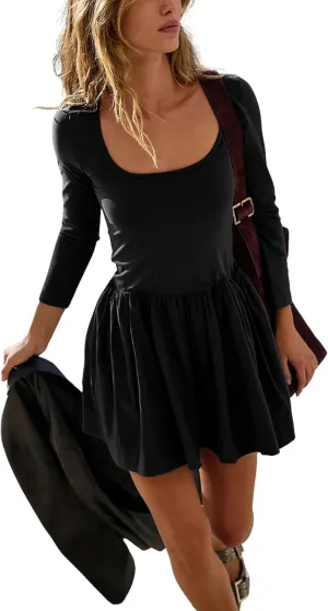 Athlisan Womens Square Neck Long Sleeve Mini Dress Casual Short Cocktail Party Dress with Pockets