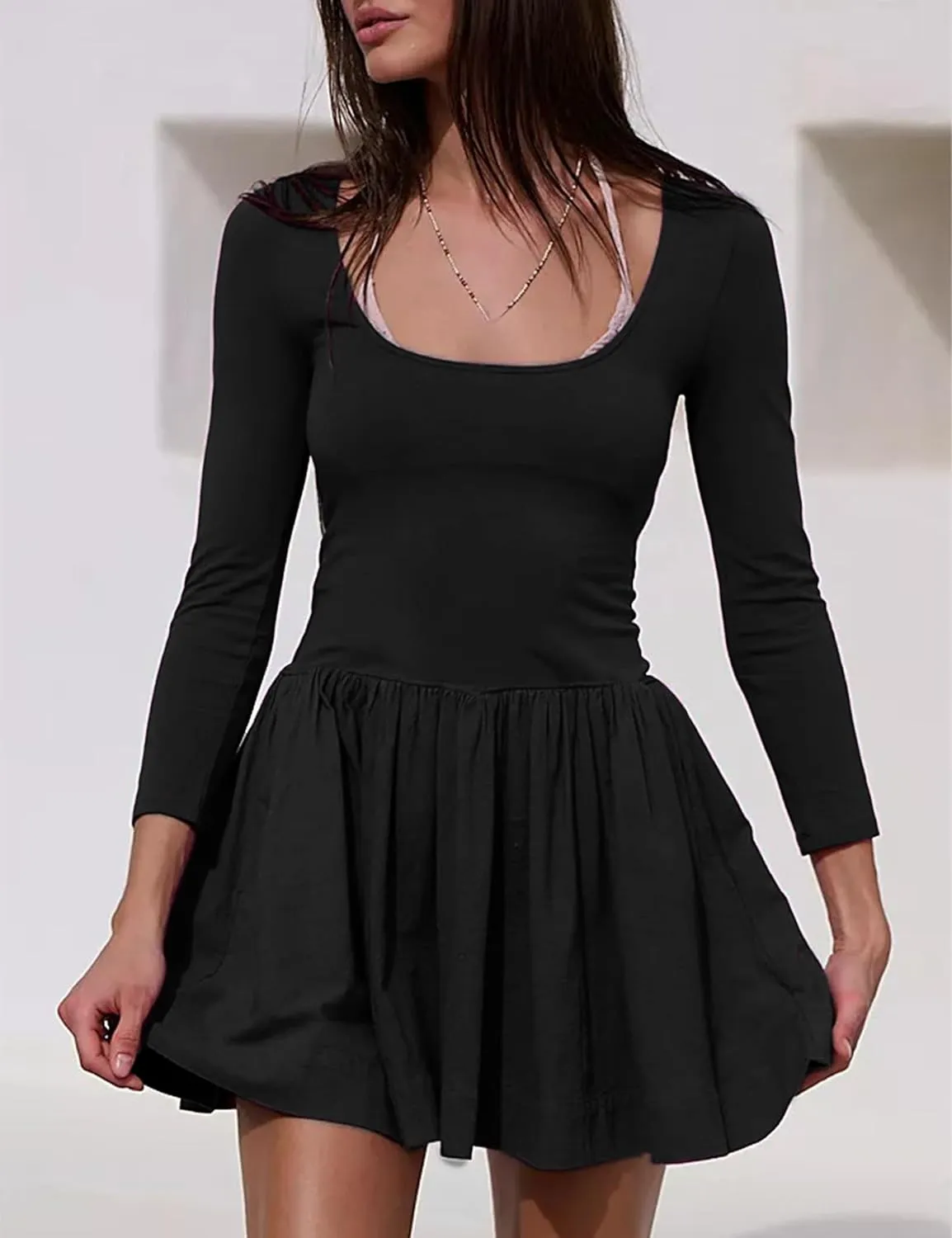 Athlisan Womens Square Neck Long Sleeve Mini Dress Casual Short Cocktail Party Dress with Pockets