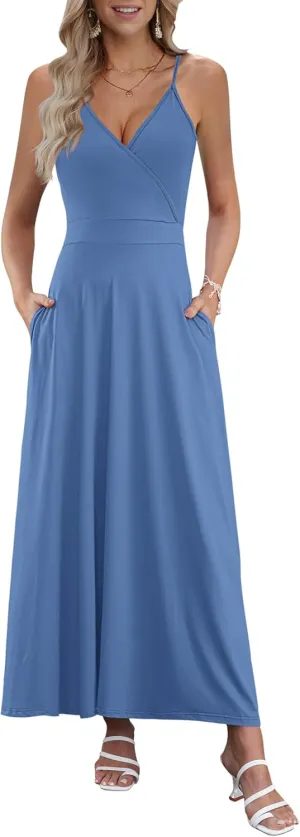 AUSELILY Womens Summer Dress 2025 Sleeveless V Neck Formal Party Evening Cocktail Long Dress with Pockets