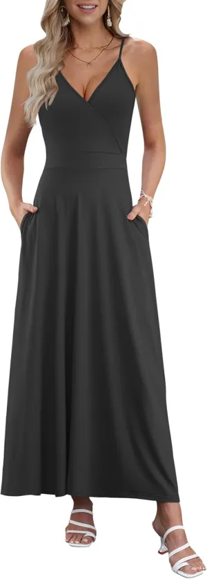 AUSELILY Womens Summer Dress 2025 Sleeveless V Neck Formal Party Evening Cocktail Long Dress with Pockets