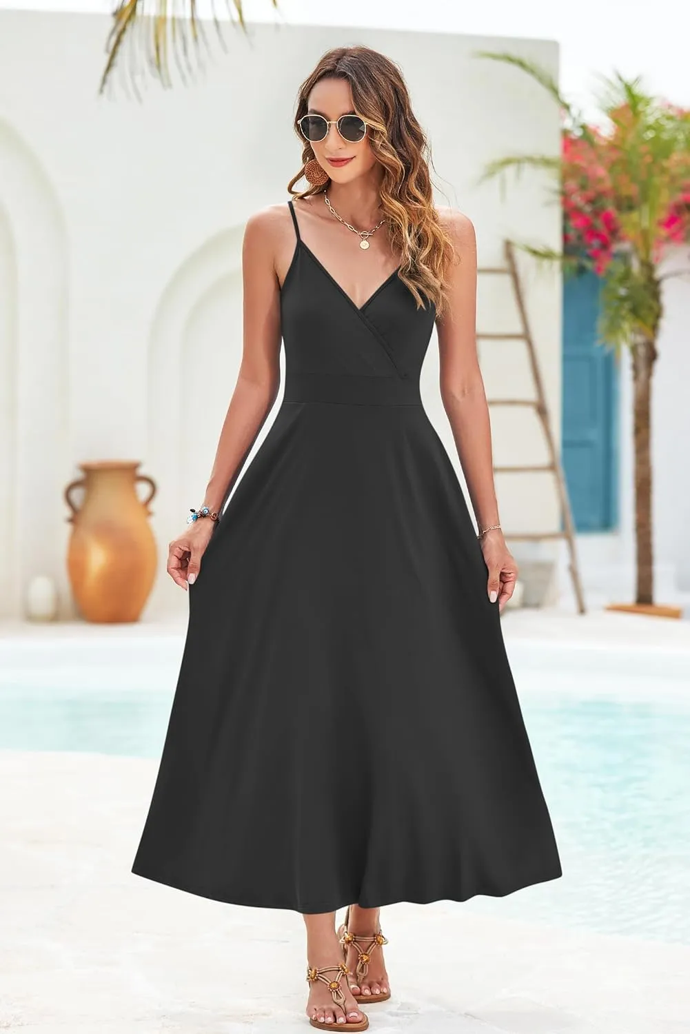 AUSELILY Womens Summer Dress 2025 Sleeveless V Neck Formal Party Evening Cocktail Long Dress with Pockets