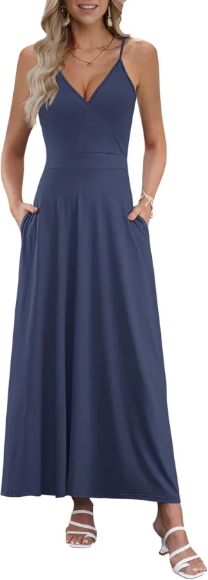 AUSELILY Womens Summer Dress 2025 Sleeveless V Neck Formal Party Evening Cocktail Long Dress with Pockets