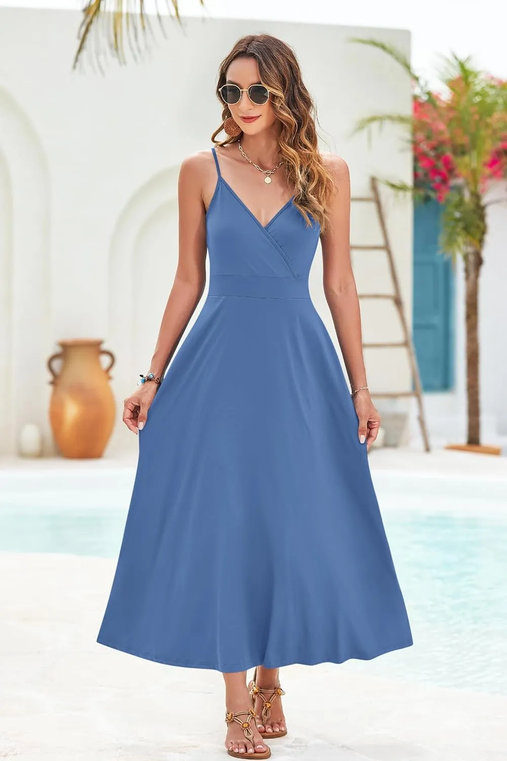 AUSELILY Womens Summer Dress 2025 Sleeveless V Neck Formal Party Evening Cocktail Long Dress with Pockets