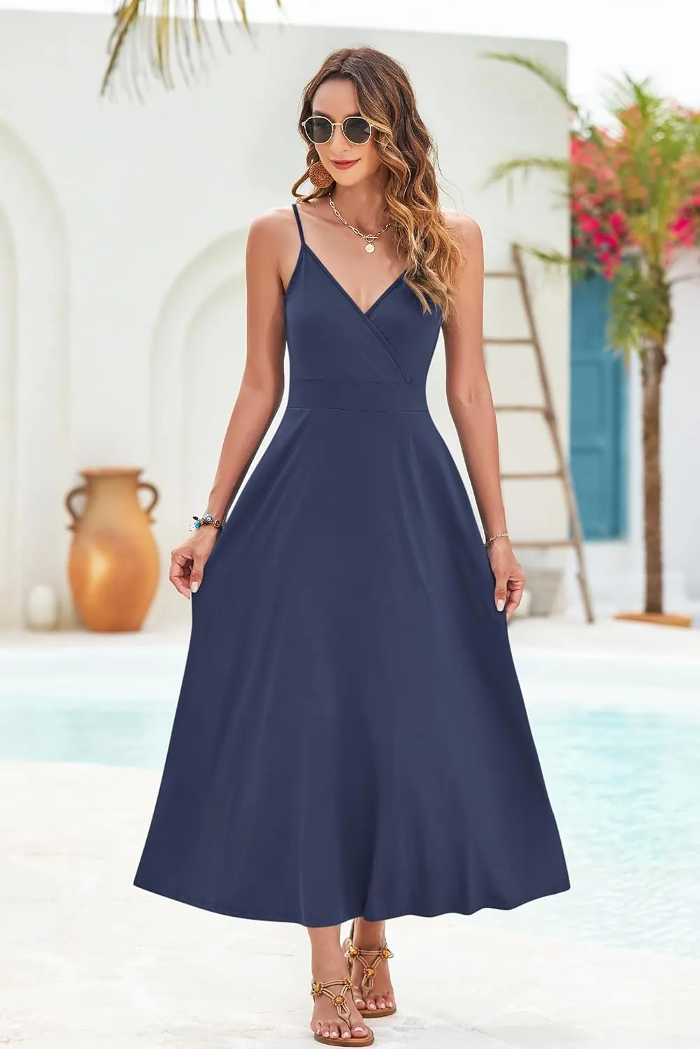 AUSELILY Womens Summer Dress 2025 Sleeveless V Neck Formal Party Evening Cocktail Long Dress with Pockets