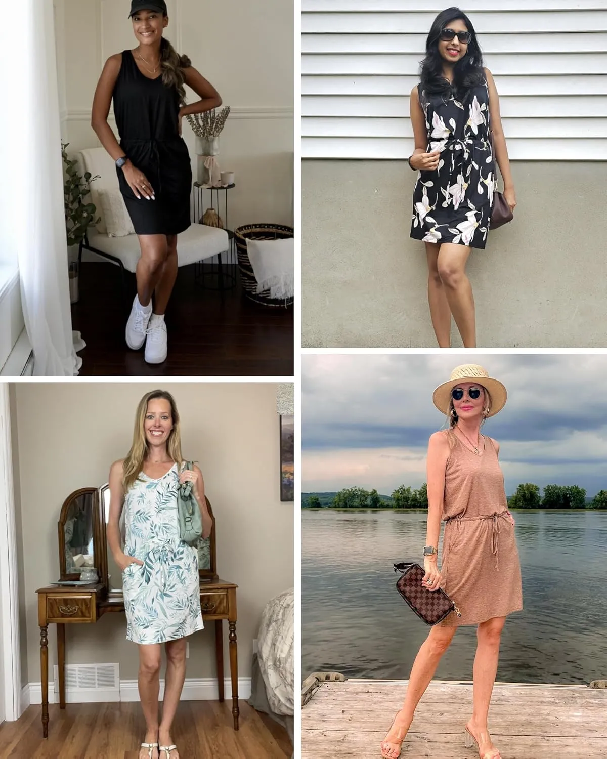 AUSELILY Womens Summer Dresses Casual Sleeveless V-Neck Drawstring Waist Beach Cover up Mini Short Swing Dress with Pockets