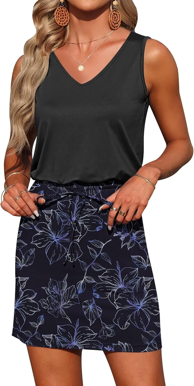 AUSELILY Womens Summer Dresses Casual Sleeveless V-Neck Drawstring Waist Beach Cover up Mini Short Swing Dress with Pockets