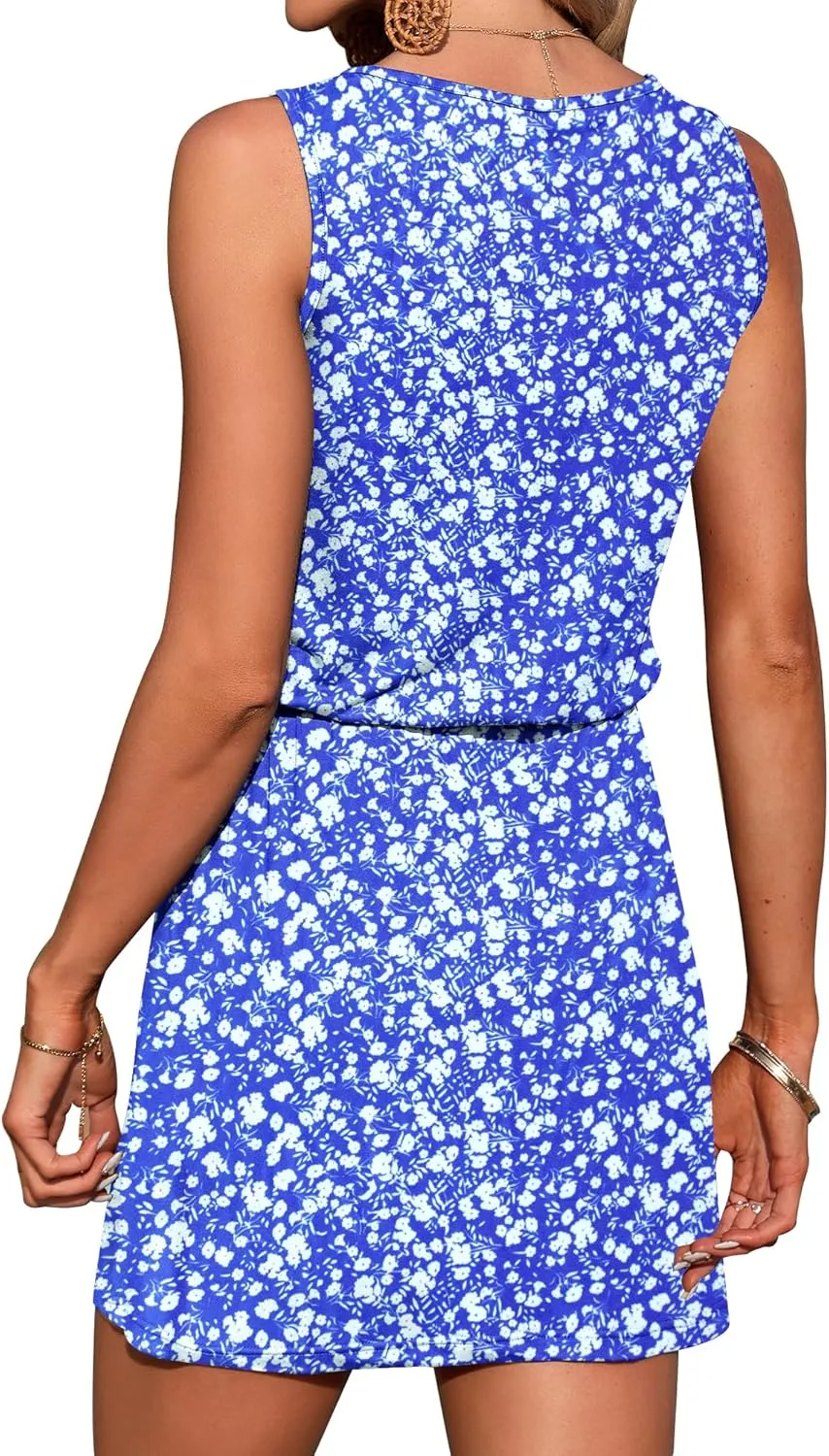 AUSELILY Womens Summer Dresses Casual Sleeveless V-Neck Drawstring Waist Beach Cover up Mini Short Swing Dress with Pockets